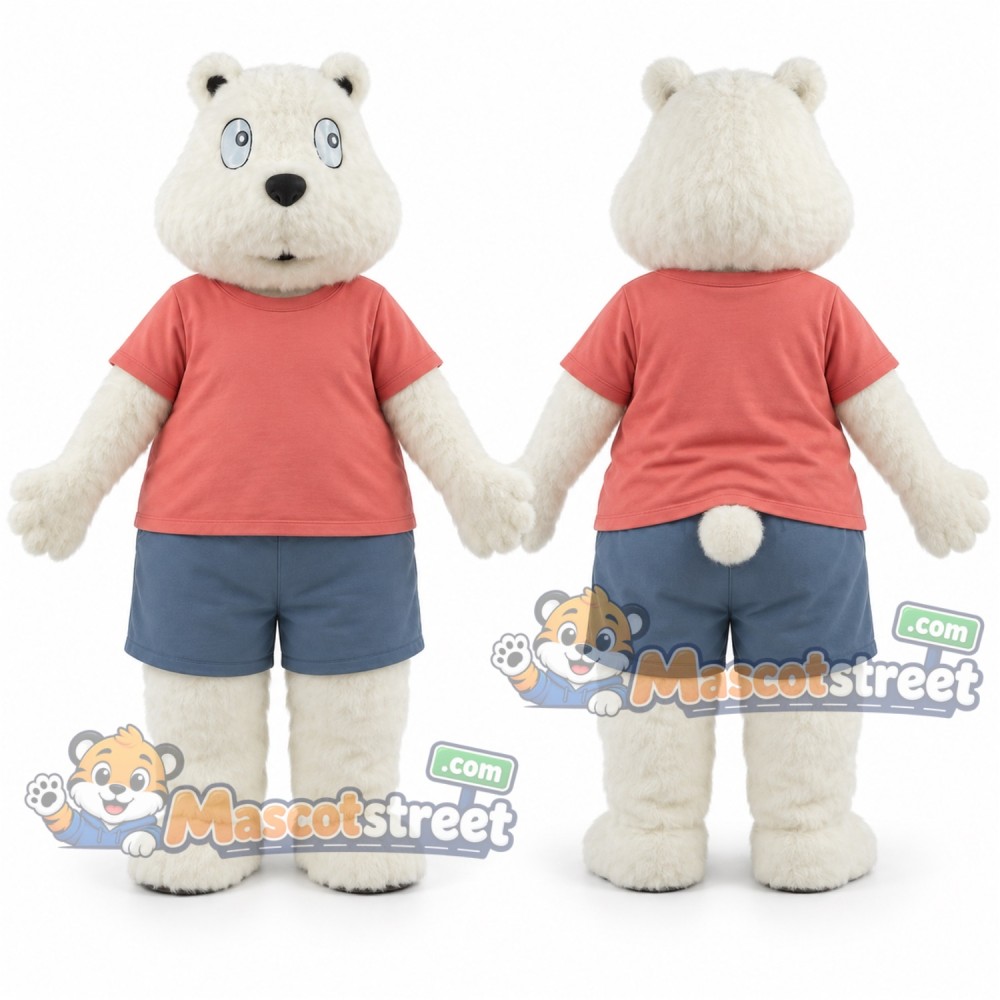 Polar Bear Mascot Costume with Coral Shirt and Blue Shorts Polar Bear Mascot Costume with Coral Shirt and Blue Shorts