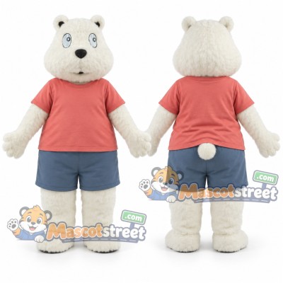 Polar Bear Mascot Costume with Coral Shirt and Blue Shorts Polar Bear Mascot Costume with Coral Shirt and Blue Shorts