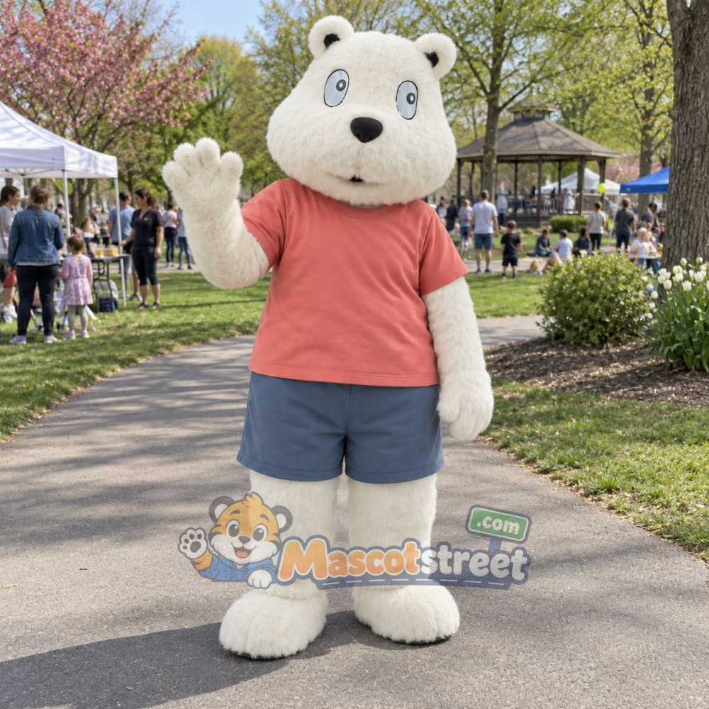 Polar Bear Mascot Costume with Coral Shirt and Blue Shorts Polar Bear Mascot Costume with Coral Shirt and Blue Shorts
