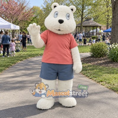 Polar Bear Mascot Costume with Coral Shirt and Blue Shorts Polar Bear Mascot Costume with Coral Shirt and Blue Shorts