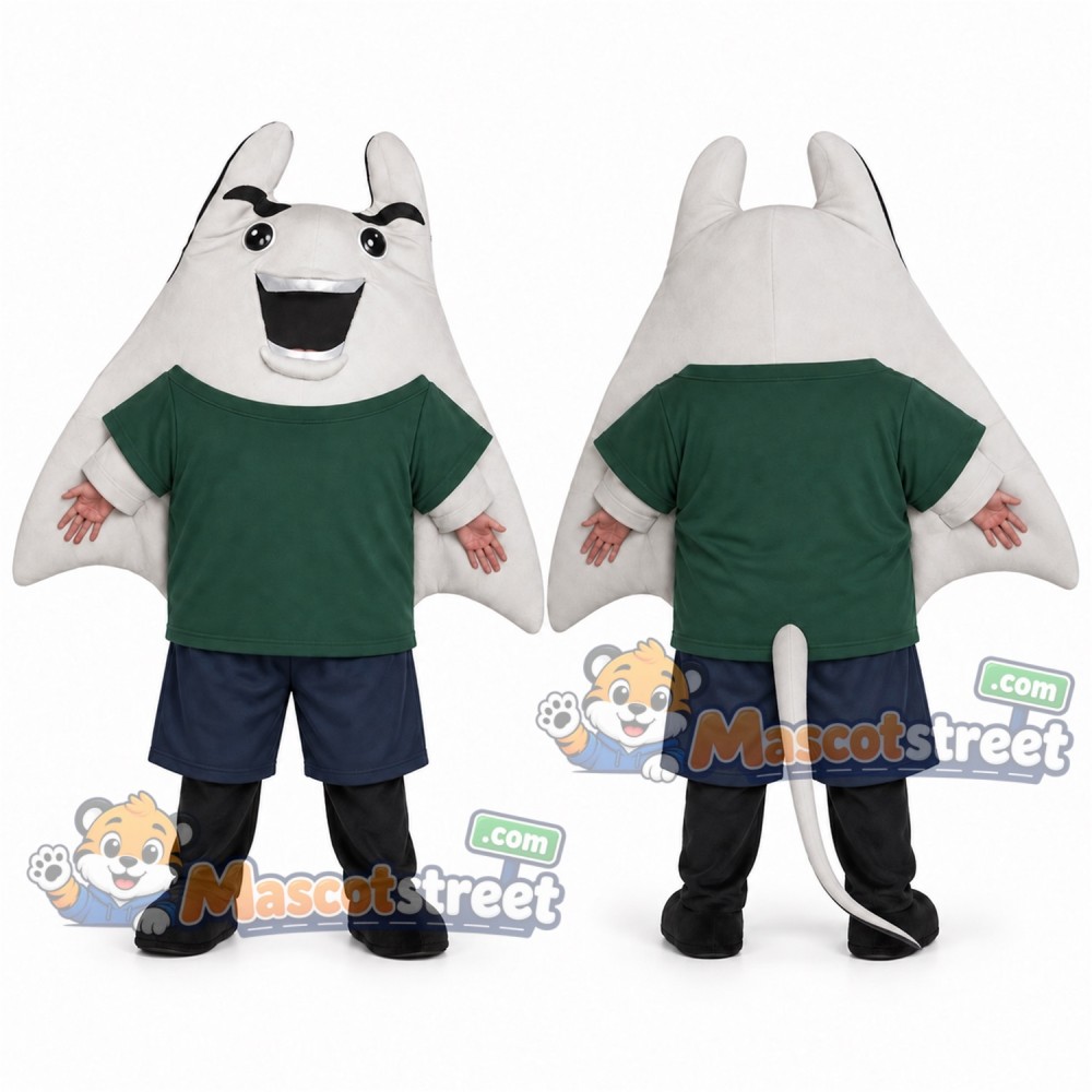 White Manta Ray Mascot Costume with Green Shirt and Navy Shorts