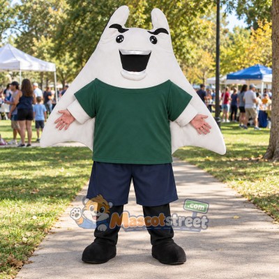 White Manta Ray Mascot Costume with Green Shirt and Navy Shorts White Manta Ray Mascot Costume with Green Shirt and Navy Shorts