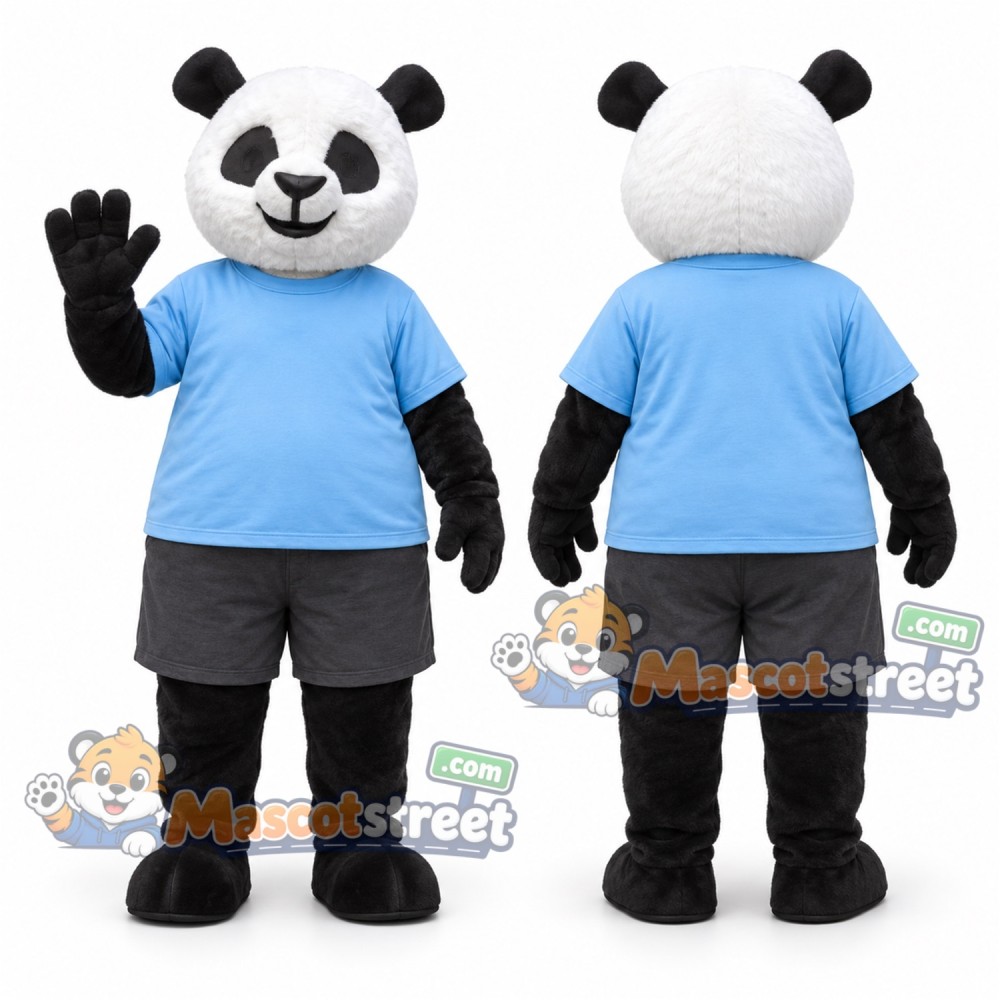 Panda Mascot Costume with Blue Shirt and Gray Shorts Panda Mascot Costume with Blue Shirt and Gray Shorts