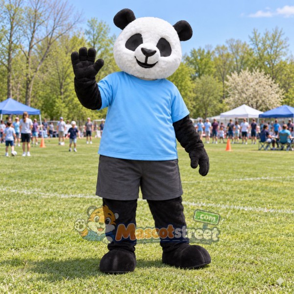 Panda Mascot Costume with Blue Shirt and Gray Shorts