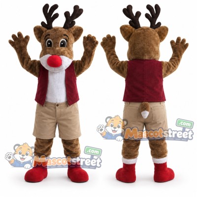 Brown Reindeer Mascot Costume with Burgundy Vest and Khaki Shorts