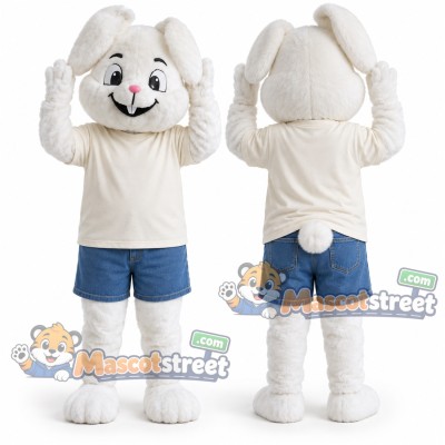 White Rabbit Mascot Costume with Cream Shirt and Blue Shorts White Rabbit Mascot Costume with Cream Shirt and Blue Shorts