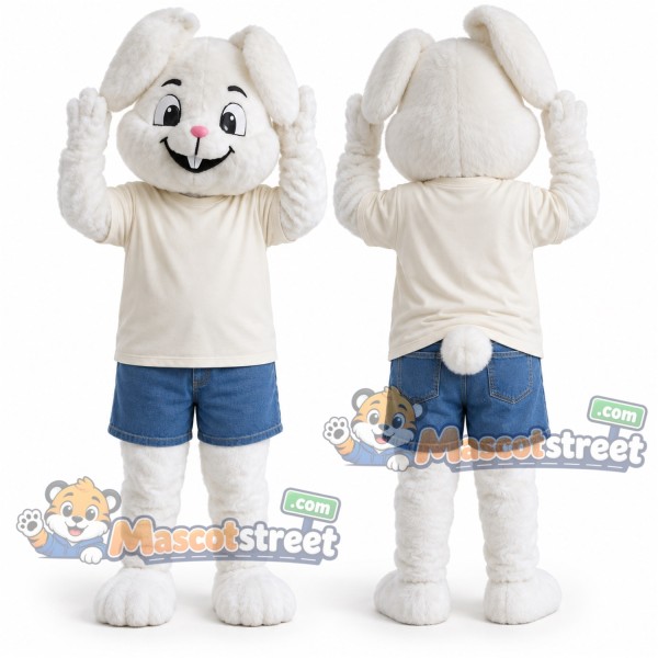 White Rabbit Mascot Costume with Cream Shirt and Blue Shorts