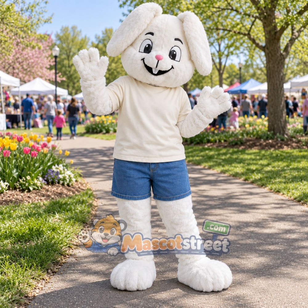 White Rabbit Mascot Costume with Cream Shirt and Blue Shorts
