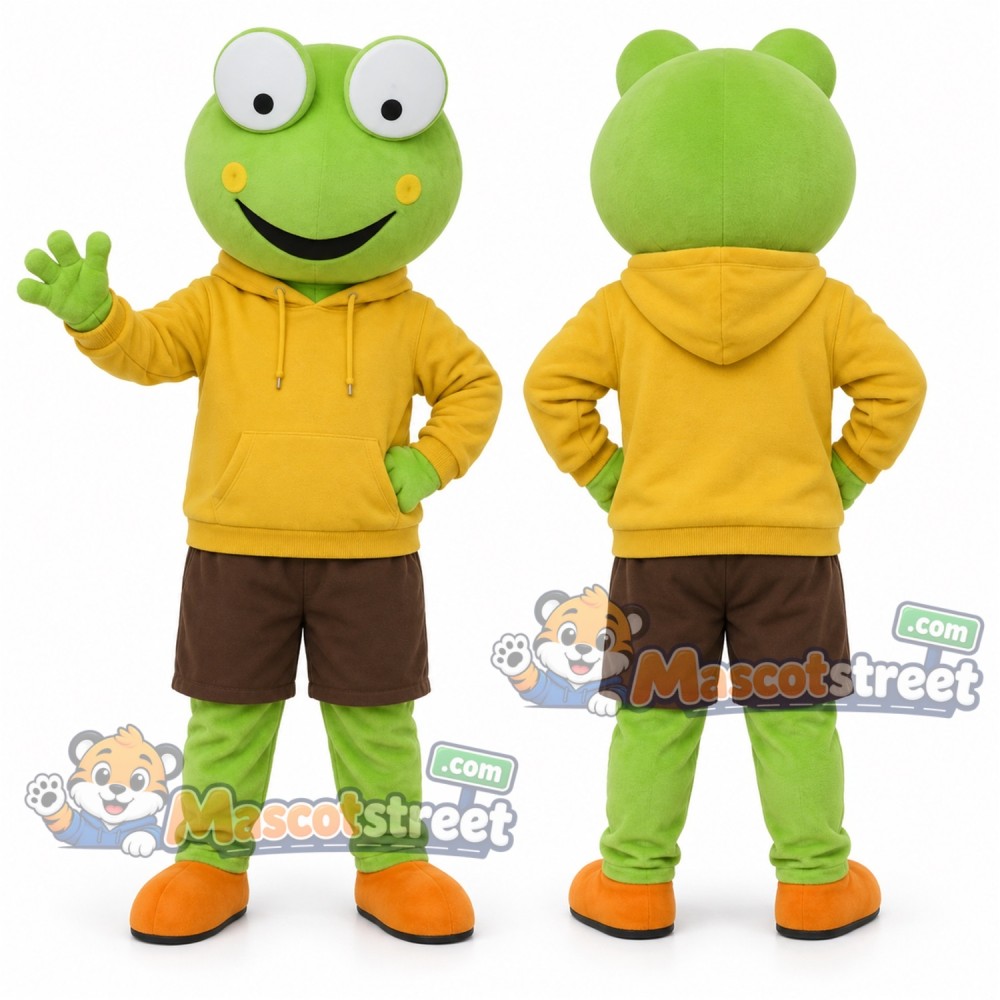 Green Frog Mascot Costume with Yellow Hoodie and Brown Shorts Green Frog Mascot Costume with Yellow Hoodie and Brown Shorts