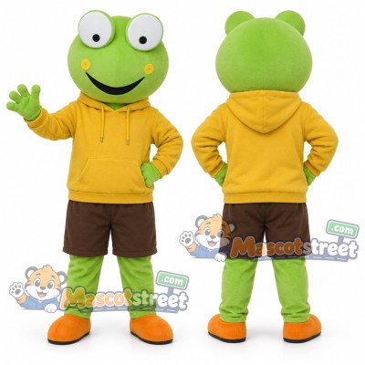 Green Frog Mascot Costume with Yellow Hoodie and Brown Shorts Green Frog Mascot Costume with Yellow Hoodie and Brown Shorts