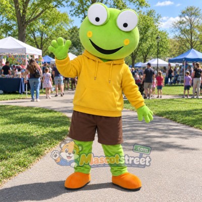 Green Frog Mascot Costume with Yellow Hoodie and Brown Shorts Green Frog Mascot Costume with Yellow Hoodie and Brown Shorts