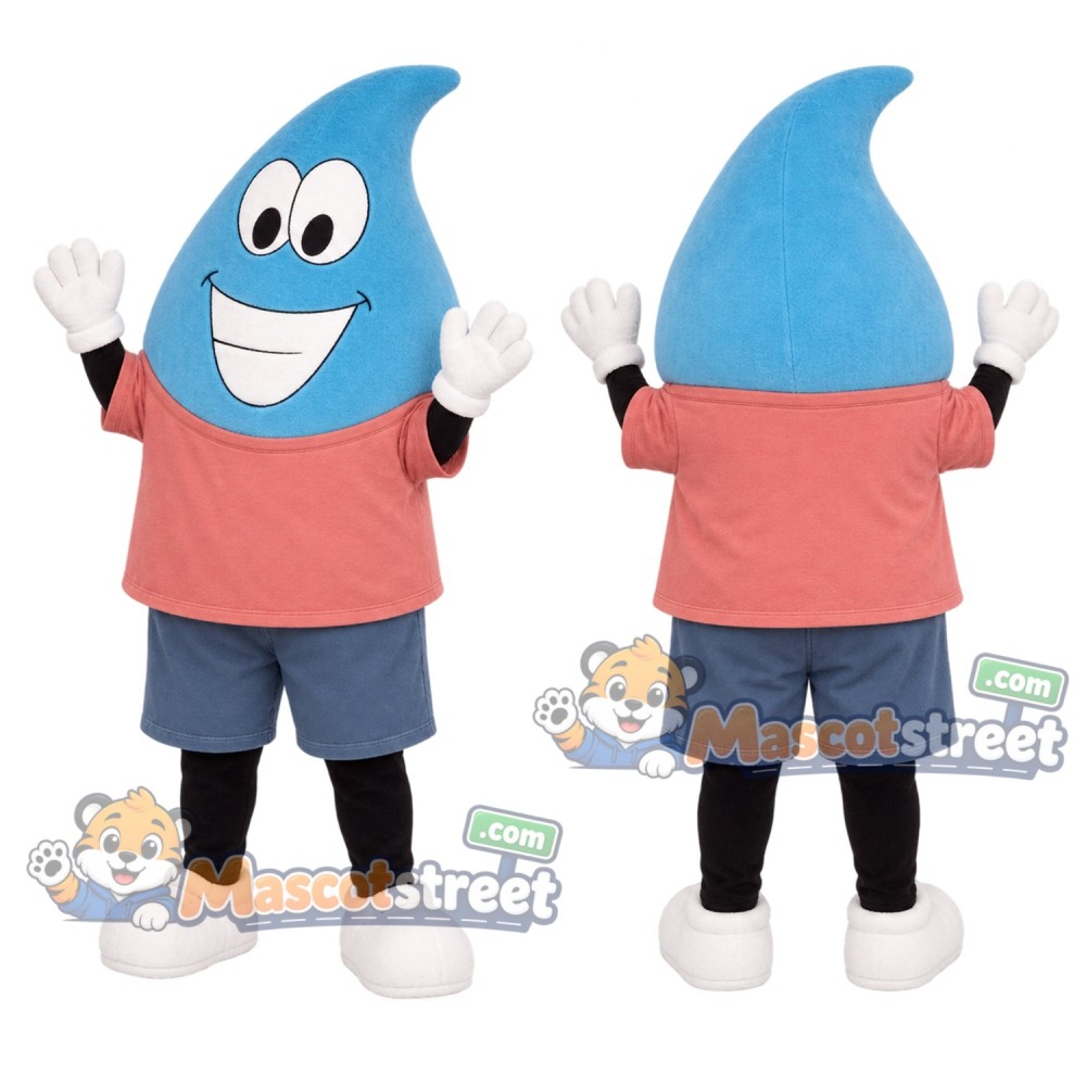 Blue Water Drop Mascot Costume with Coral Shirt and Blue Shorts Blue Water Drop Mascot Costume with Coral Shirt and Blue Shorts