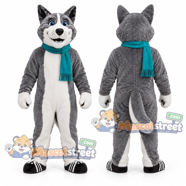 Gray Husky Mascot Costume with Teal Scarf