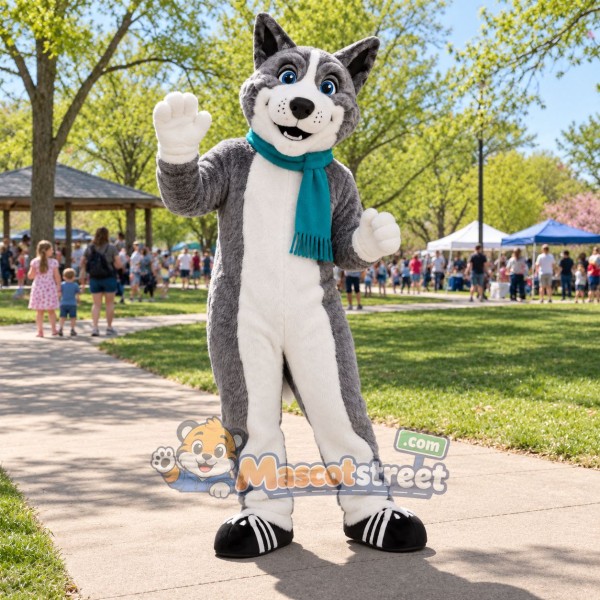 Gray Husky Mascot Costume with Teal Scarf