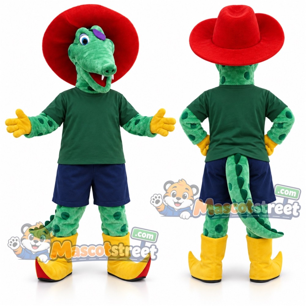 Green Crocodile Mascot Costume with Green Shirt and Red Cowboy Hat