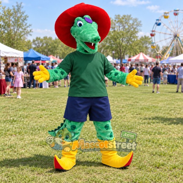 Green Crocodile Mascot Costume with Green Shirt and Red Cowboy Hat Green Crocodile Mascot Costume with Green Shirt and Red Cowboy Hat
