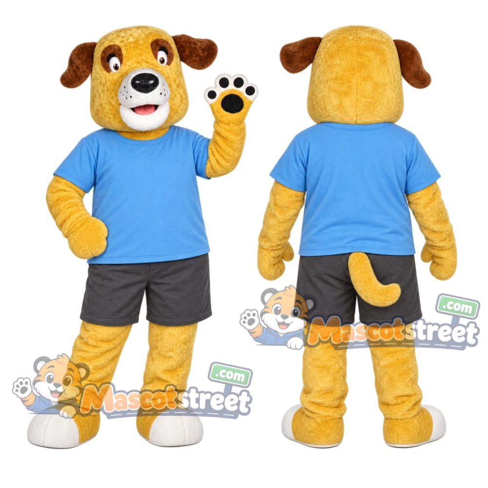 Yellow Dog Mascot Costume with Blue Shirt and Gray Shorts Yellow Dog Mascot Costume with Blue Shirt and Gray Shorts
