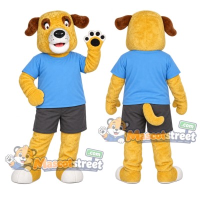Yellow Dog Mascot Costume with Blue Shirt and Gray Shorts Yellow Dog Mascot Costume with Blue Shirt and Gray Shorts