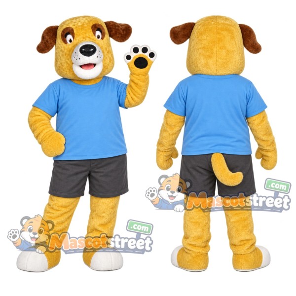 Yellow Dog Mascot Costume with Blue Shirt and Gray Shorts