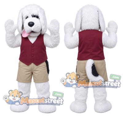 White Dog Mascot Costume with Burgundy Vest and Khaki Shorts White Dog Mascot Costume with Burgundy Vest and Khaki Shorts