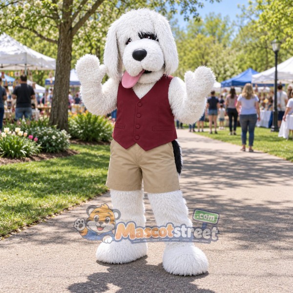 White Dog Mascot Costume with Burgundy Vest and Khaki Shorts