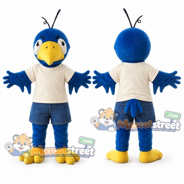 Blue Bird Mascot Costume with Cream Shirt and Blue Shorts