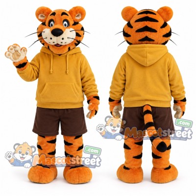 Orange Tiger Mascot Costume with Yellow Hoodie and Brown Shorts Orange Tiger Mascot Costume with Yellow Hoodie and Brown Shorts
