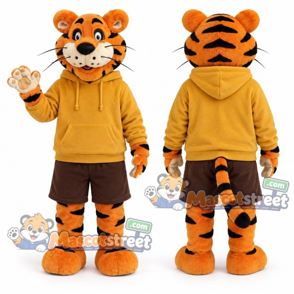 Orange Tiger Mascot Costume with Yellow Hoodie and Brown Shorts