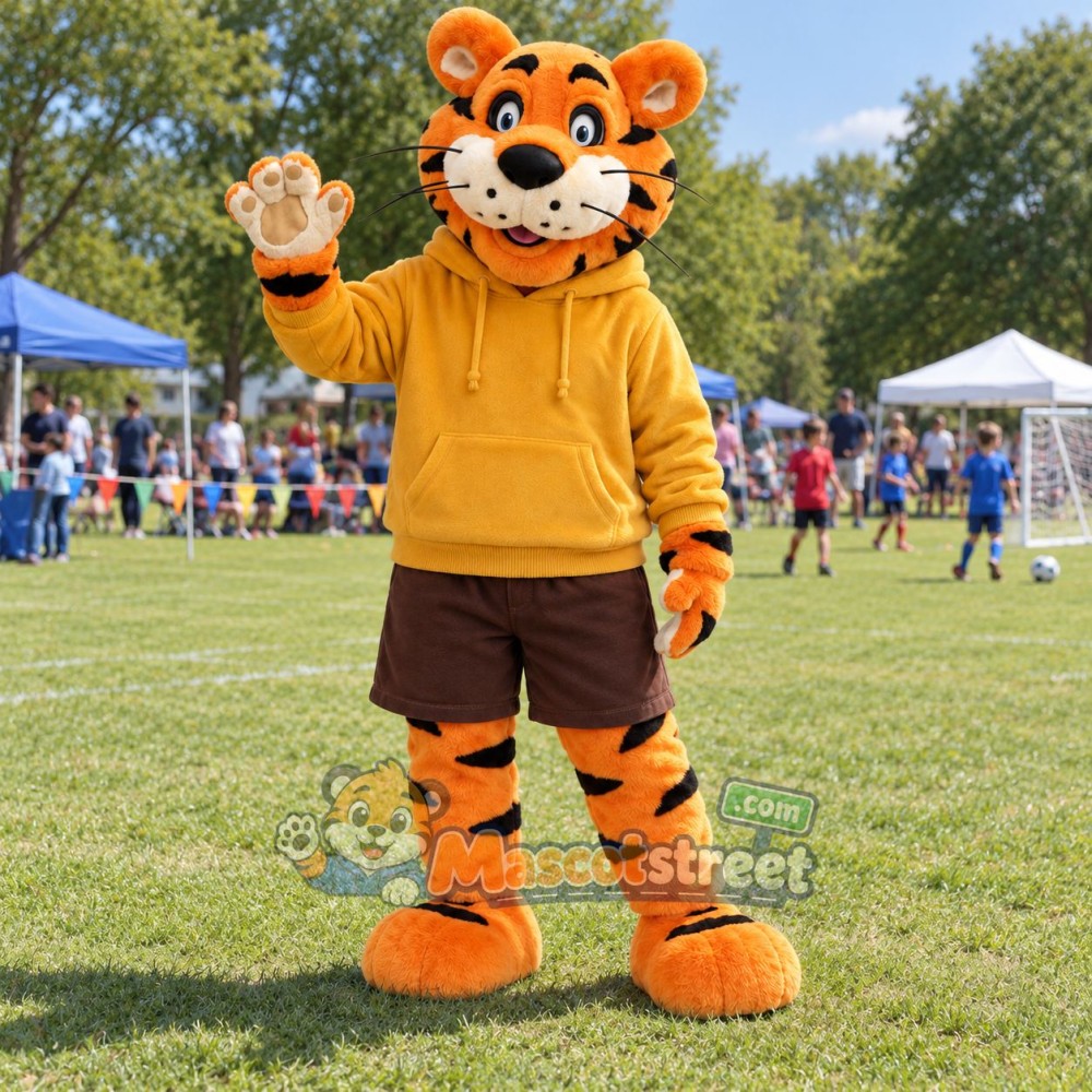 Orange Tiger Mascot Costume with Yellow Hoodie and Brown Shorts