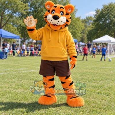 Orange Tiger Mascot Costume with Yellow Hoodie and Brown Shorts