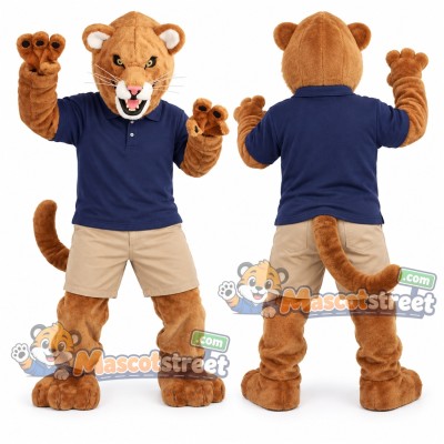 Tan Cougar Mascot Costume with Navy Shirt and Khaki Shorts Tan Cougar Mascot Costume with Navy Shirt and Khaki Shorts