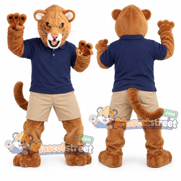 Tan Cougar Mascot Costume with Navy Shirt and Khaki Shorts