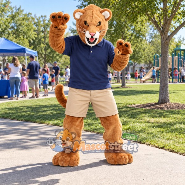 Tan Cougar Mascot Costume with Navy Shirt and Khaki Shorts