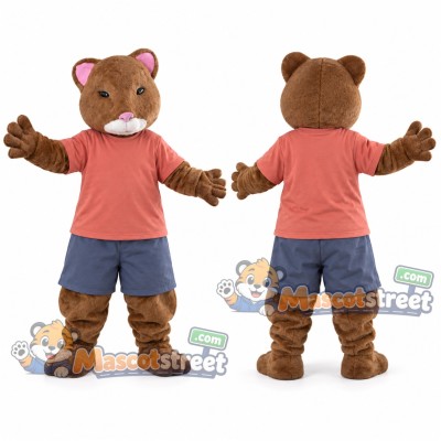 Brown Hamster Mascot Costume with Coral Shirt and Blue Shorts Brown Hamster Mascot Costume with Coral Shirt and Blue Shorts