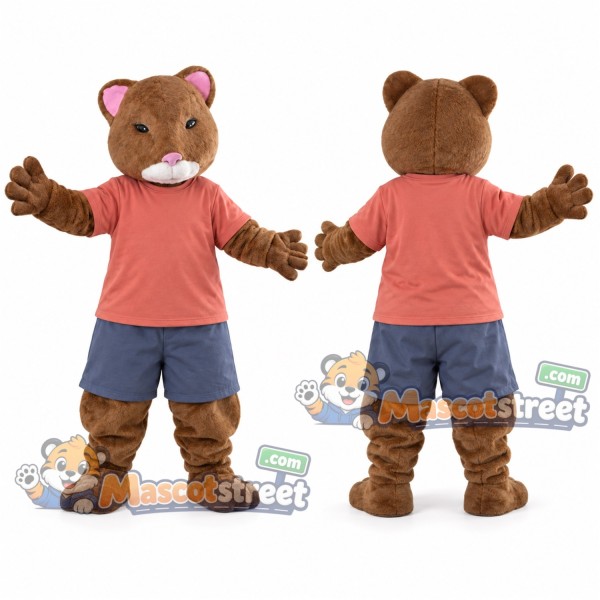 Brown Hamster Mascot Costume with Coral Shirt and Blue Shorts
