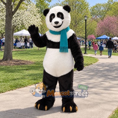 Panda Mascot Costume with Teal Scarf Panda Mascot Costume with Teal Scarf