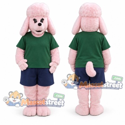 Pink Poodle Mascot Costume with Green Shirt and Navy Shorts Pink Poodle Mascot Costume with Green Shirt and Navy Shorts