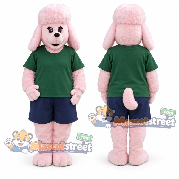 Pink Poodle Mascot Costume with Green Shirt and Navy Shorts