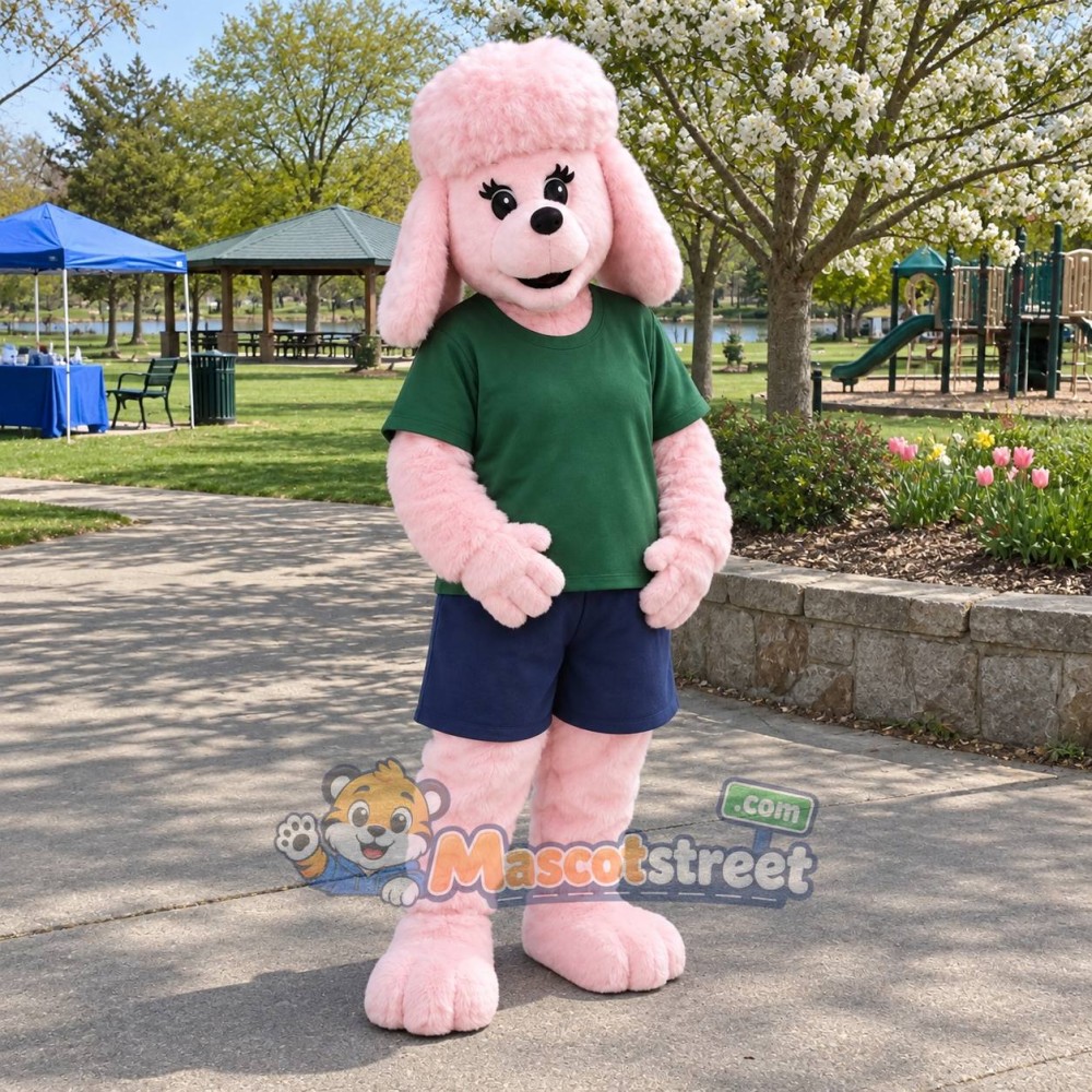Pink Poodle Mascot Costume with Green Shirt and Navy Shorts