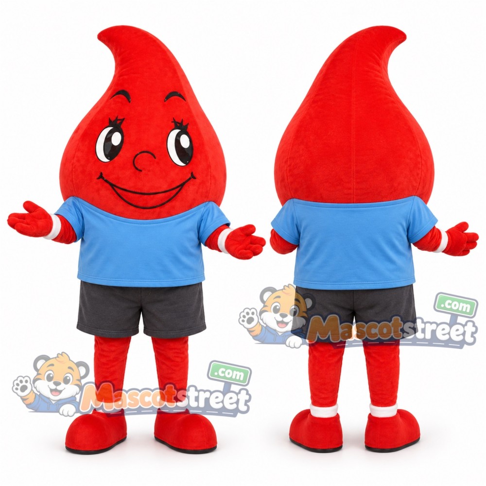 Red Blood Drop Mascot Costume with Blue Shirt and Gray Shorts Red Blood Drop Mascot Costume with Blue Shirt and Gray Shorts