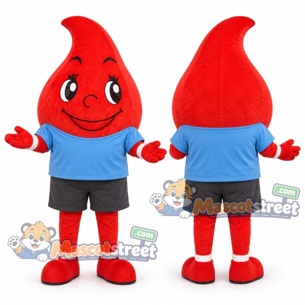 Red Blood Drop Mascot Costume with Blue Shirt and Gray Shorts