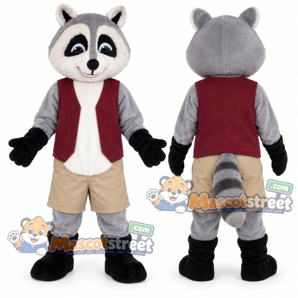 Gray Raccoon Mascot Costume with Burgundy Vest and Khaki Shorts Gray Raccoon Mascot Costume with Burgundy Vest and Khaki Shorts