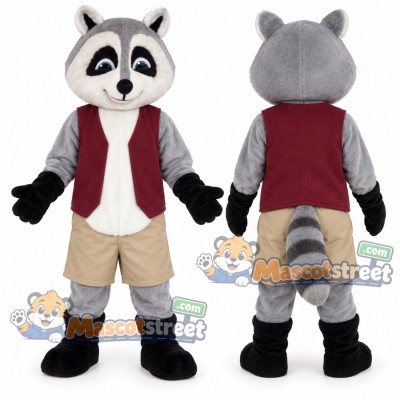 Gray Raccoon Mascot Costume with Burgundy Vest and Khaki Shorts Gray Raccoon Mascot Costume with Burgundy Vest and Khaki Shorts