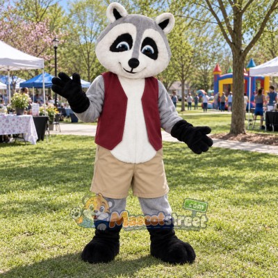 Gray Raccoon Mascot Costume with Burgundy Vest and Khaki Shorts
