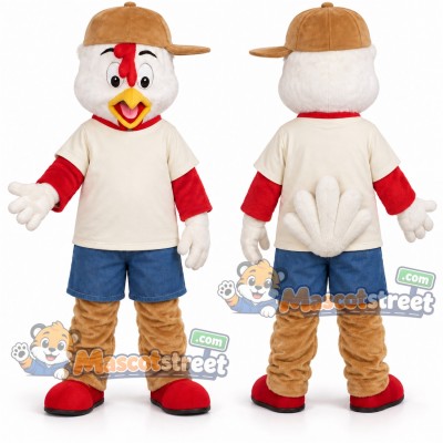 White Rooster Mascot Costume with Cream Shirt and Blue Shorts