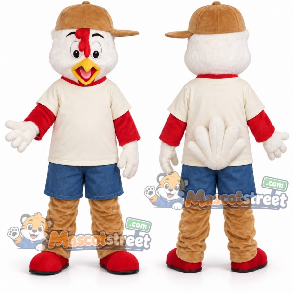 White Rooster Mascot Costume with Cream Shirt and Blue Shorts