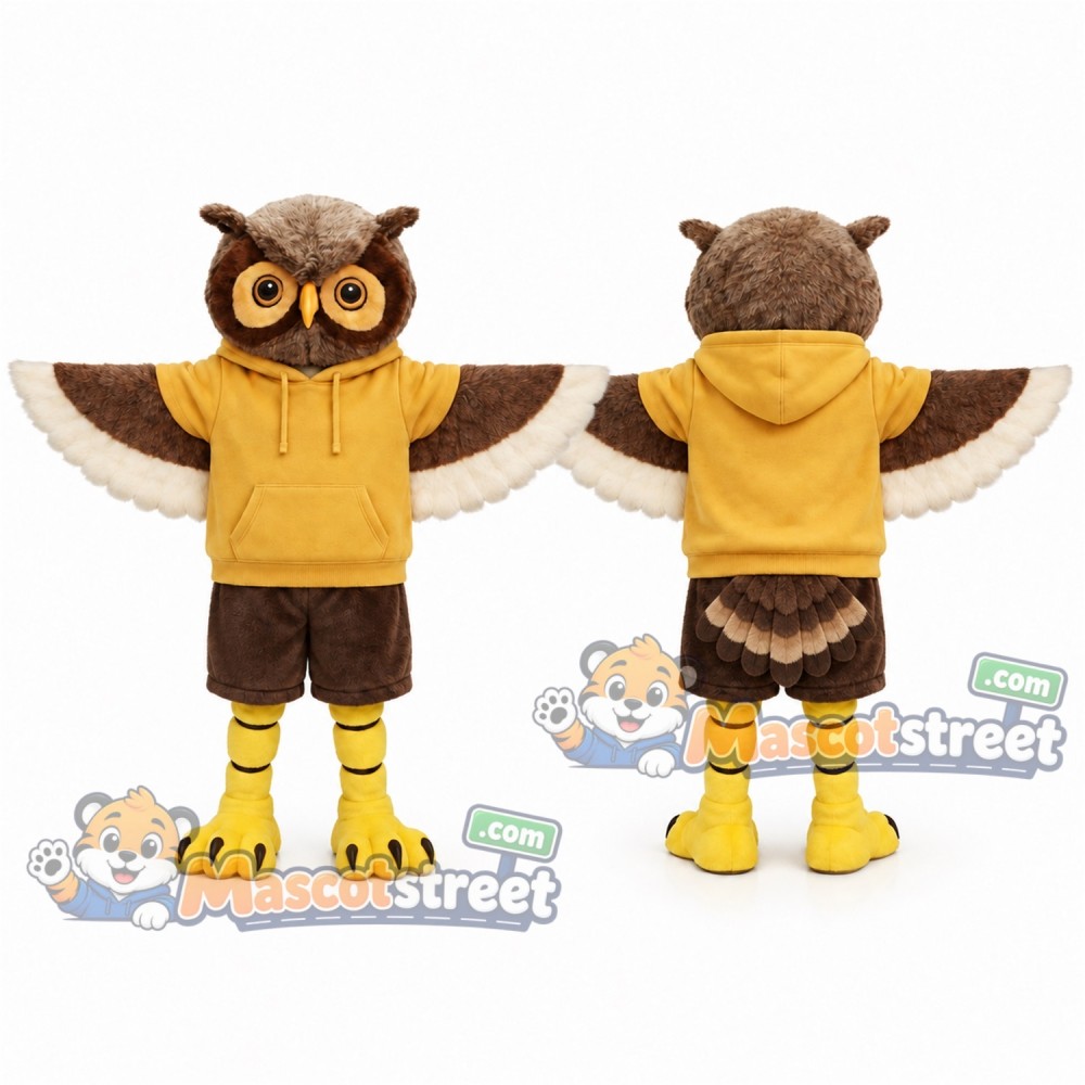 Brown Owl Mascot Costume with Yellow Hoodie and Brown Shorts