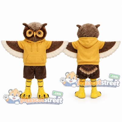 Brown Owl Mascot Costume with Yellow Hoodie and Brown Shorts