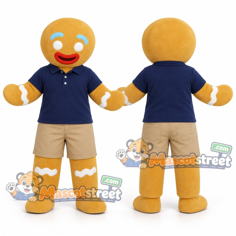 Gingerbread Man Mascot Costume with Navy Shirt and Khaki Shorts