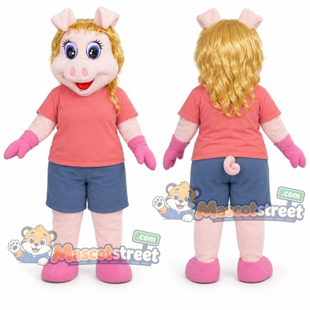 Pig Girl Mascot Costume with Coral Shirt and Blue Shorts